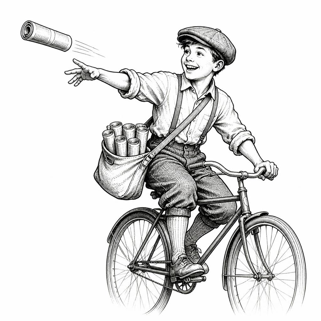The Paperboy, mid-throw from his bicycle